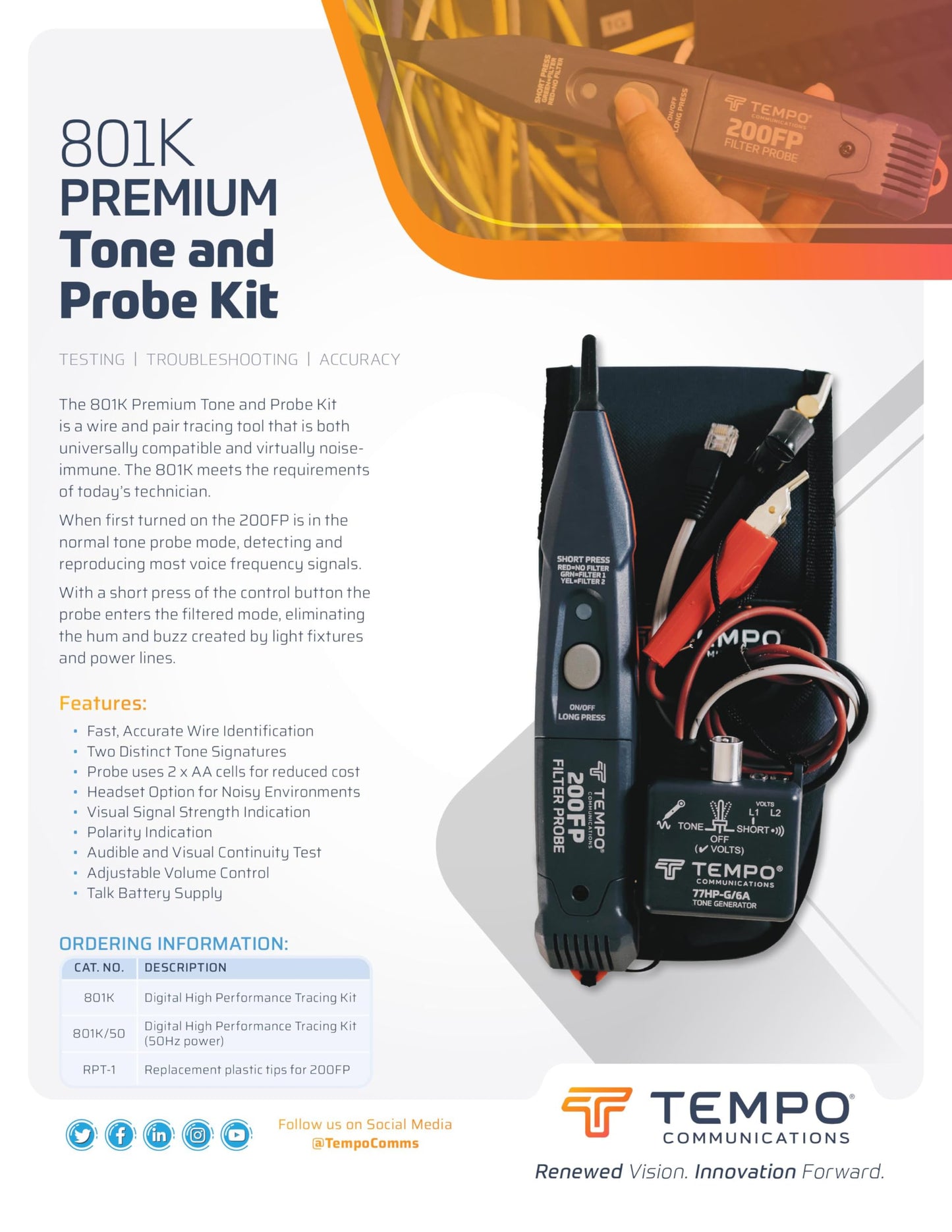TEMPO 801K Filtered Noise Wire Tracer Tone Generator and Probe Kit for Ethernet, Internet, Telephone, Speaker, Coax, Video, and Data Cable (801K-BOX Cable Toner)