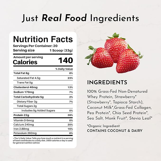 JUST INGREDIENTS Strawberries & Cream Protein Powder ??20-Serving Blend with 100% Grass-Fed Whey & Organic Plant Proteins ??Real Strawberry Flavor ??Supports Muscle Recovery, Energy*
