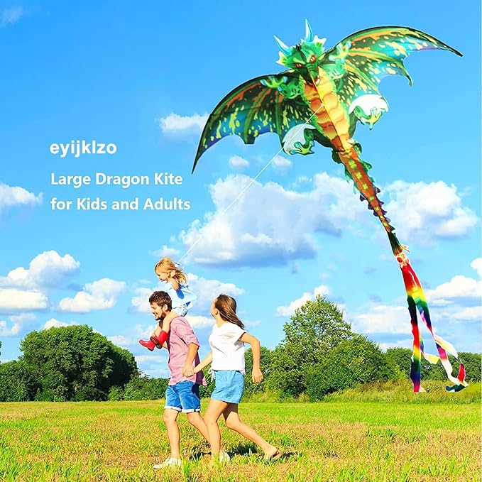 eyijklzo Green Dragon Kite Beautiful and Easy Flyer Kite for Children and Adult with Long Colorful Tail String Line Accessories Easy to Soar High Outdoor Sports Game Activities or Beach Trip