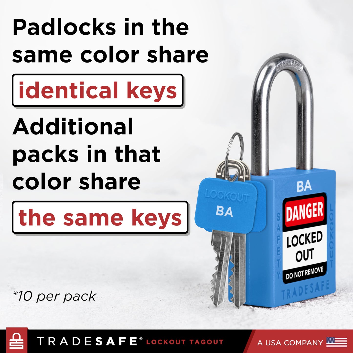 TRADESAFE Lockout Tagout Lock Sets, 10 Blue Keyed Alike Unlimited Grouping Safety Padlocks, 2 Keys Per Lock, OSHA Compliant Loto Locks, for Lock Out Tag Out Kits
