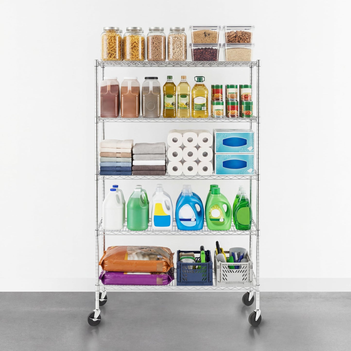 SafeRacks - NSF Certified Storage Shelves, Zinc, Heavy Duty Steel Wire Unit with Wheels and Adjustable Feet, Garage or Bakers Rack, Kitchen, Pantry Shelf - (18"x48"x72" 5-Tier) (Silver)