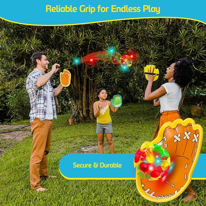 punkdog LED Toss and Catch Ball Game Set - 1 LED and 1 Regular Suction Cup Ball with 2 Easy-Grip Gloves - Beach Sports Toys for Kids - Outdoor Games for Backyard or Park - Christmas for Kids