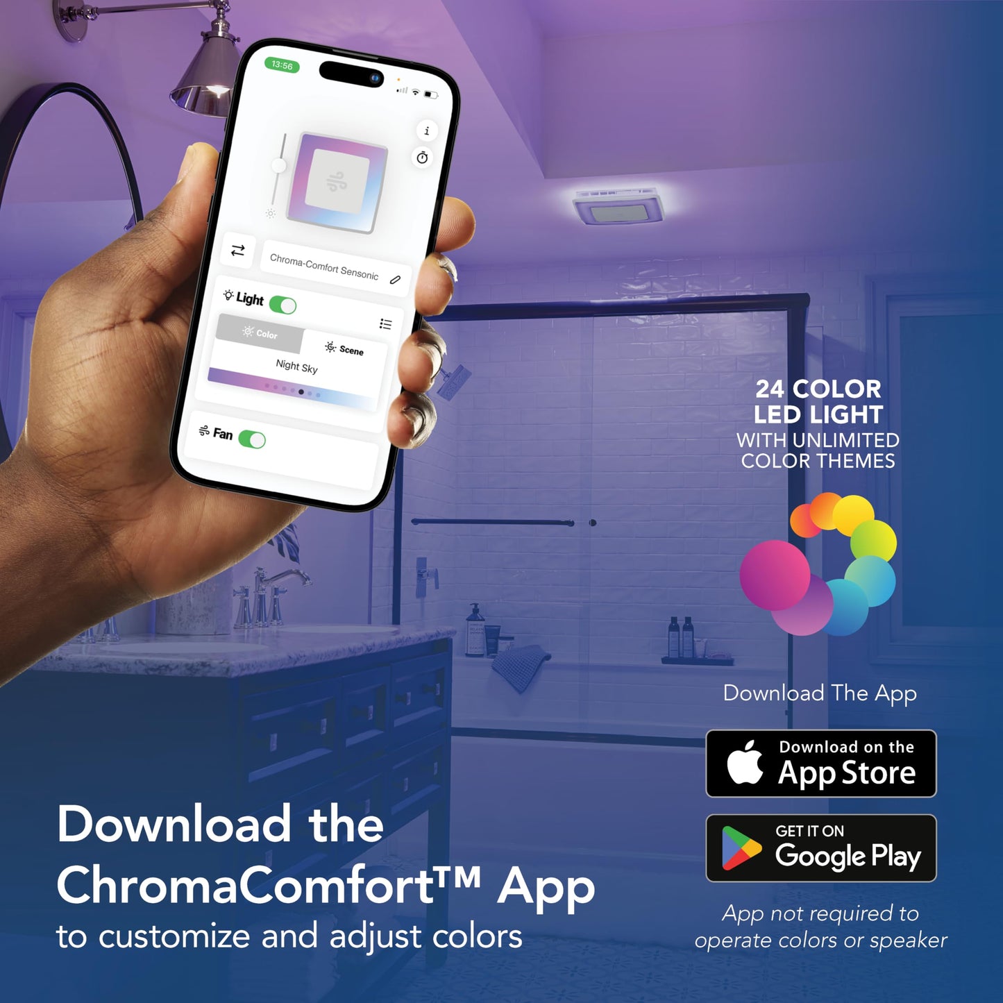Broan-NuTone ChromaComfort Bathroom Exhaust Fan with Bluetooth Speaker, Powerful 110CFM/1.5 Sones, 24-color LED Light, SPK110RGBL, Wall Switch