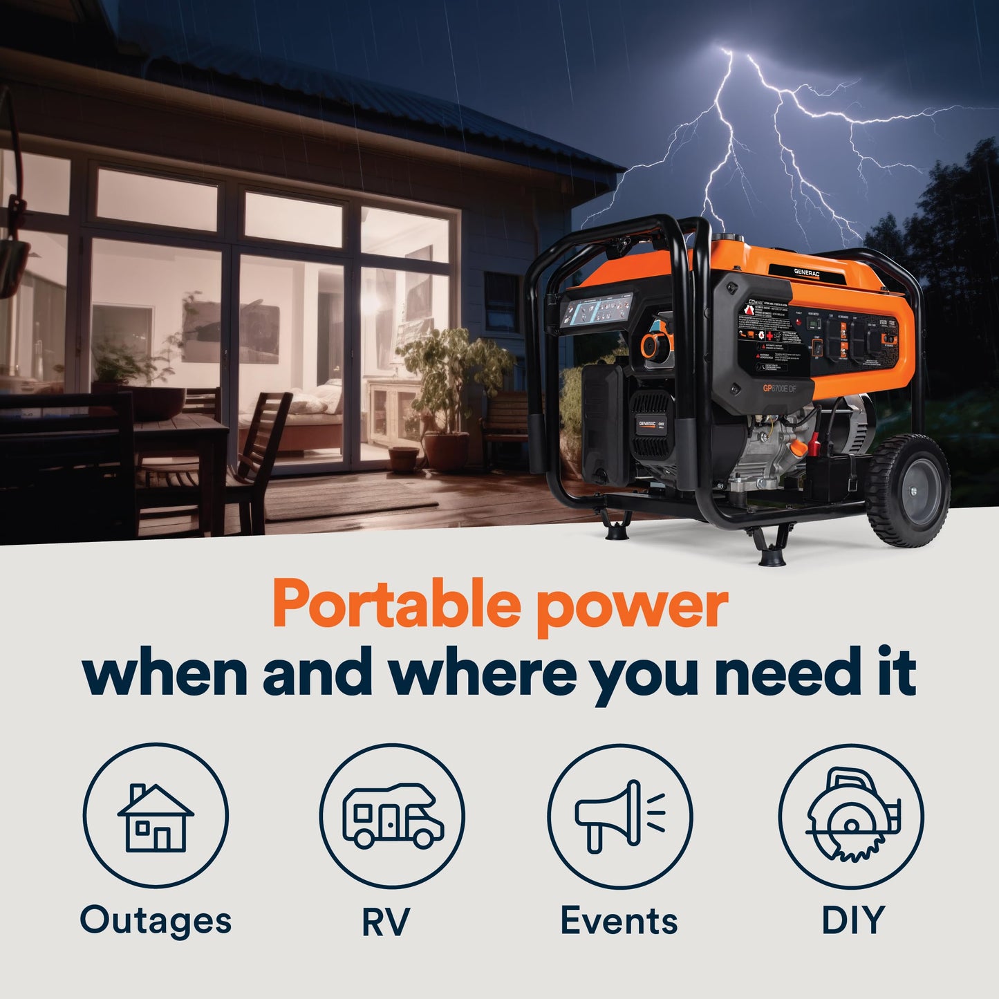 Generac Dual Fuel Portable Gas Generator, 8,250 Starting Watts, Electric Start, COsense Carbon Monoxide Detection, 11 Hour Runtime, Gas or Propane, Heavy Duty Frame, Home Backup Emergency, 49-State