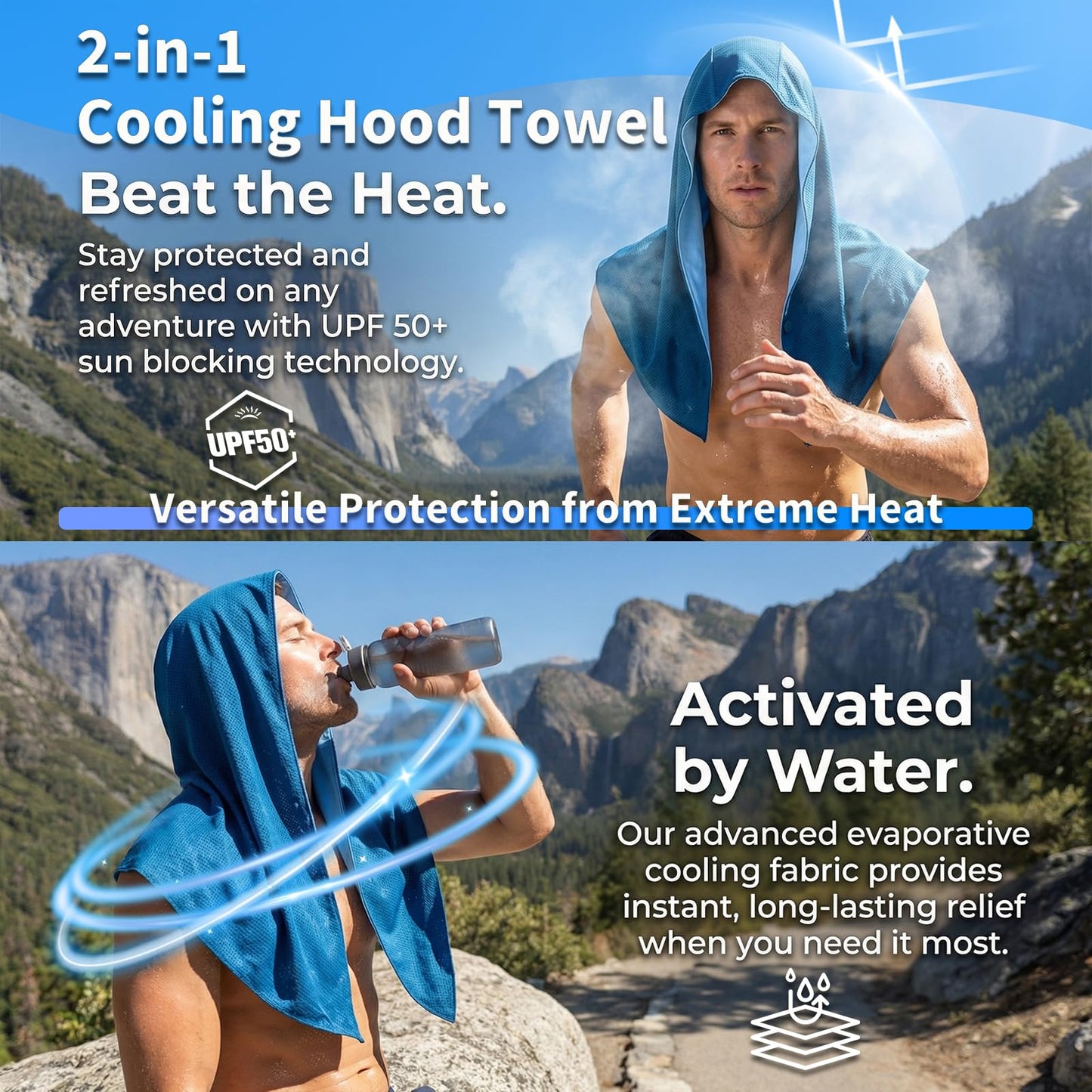 YITIAOYU Cooling Hoodie Towels for Men and Women - Double-Layer Breathable PVA Cooling Towels for Neck and Face, Instant Cold Hooded Ice Towel for Sports, Gym, Hiking, Cycling in Hot Weather (Blue)