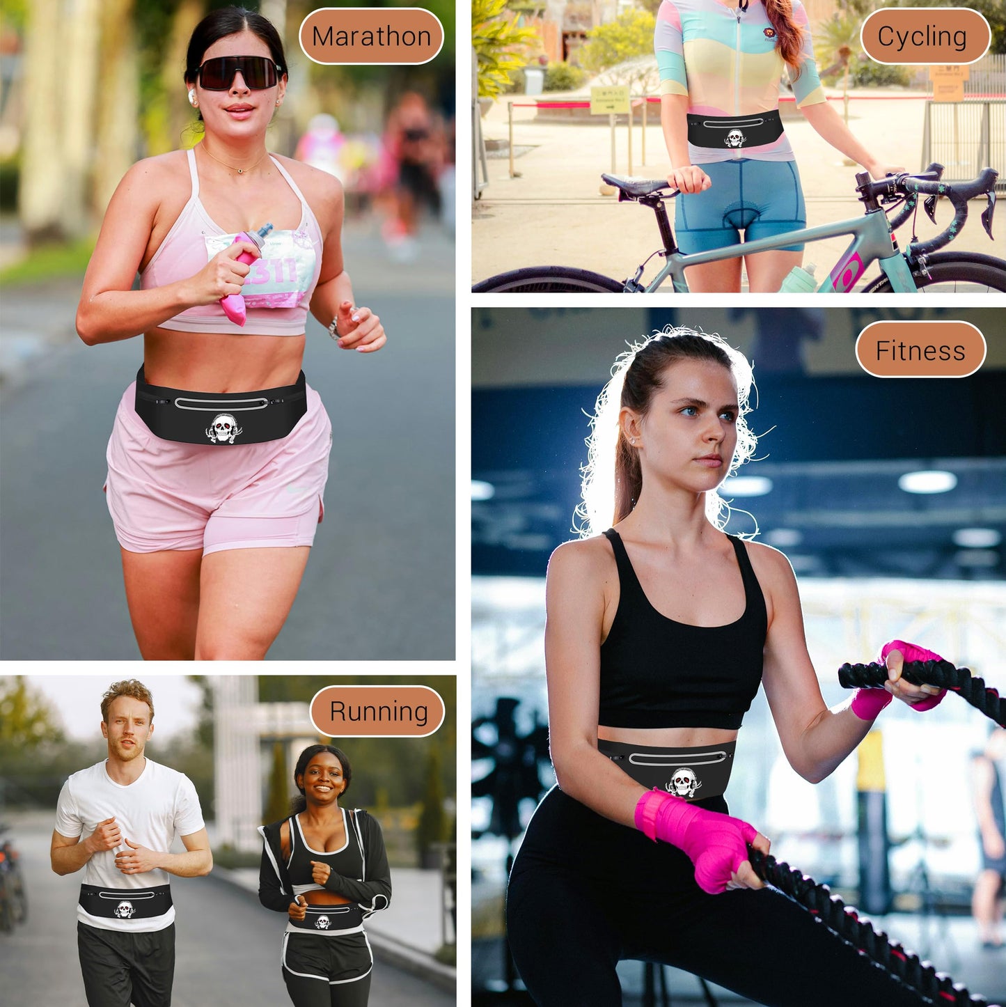Music Skull Running Belts for Women and Men,Runner Waist fanny pack Wallet Holder,Waterproof Reflective phone holder,Cool Rock Skeleton Fitness Belt with 3 Zipper Pockets,Marathon Cycling Gear Gift