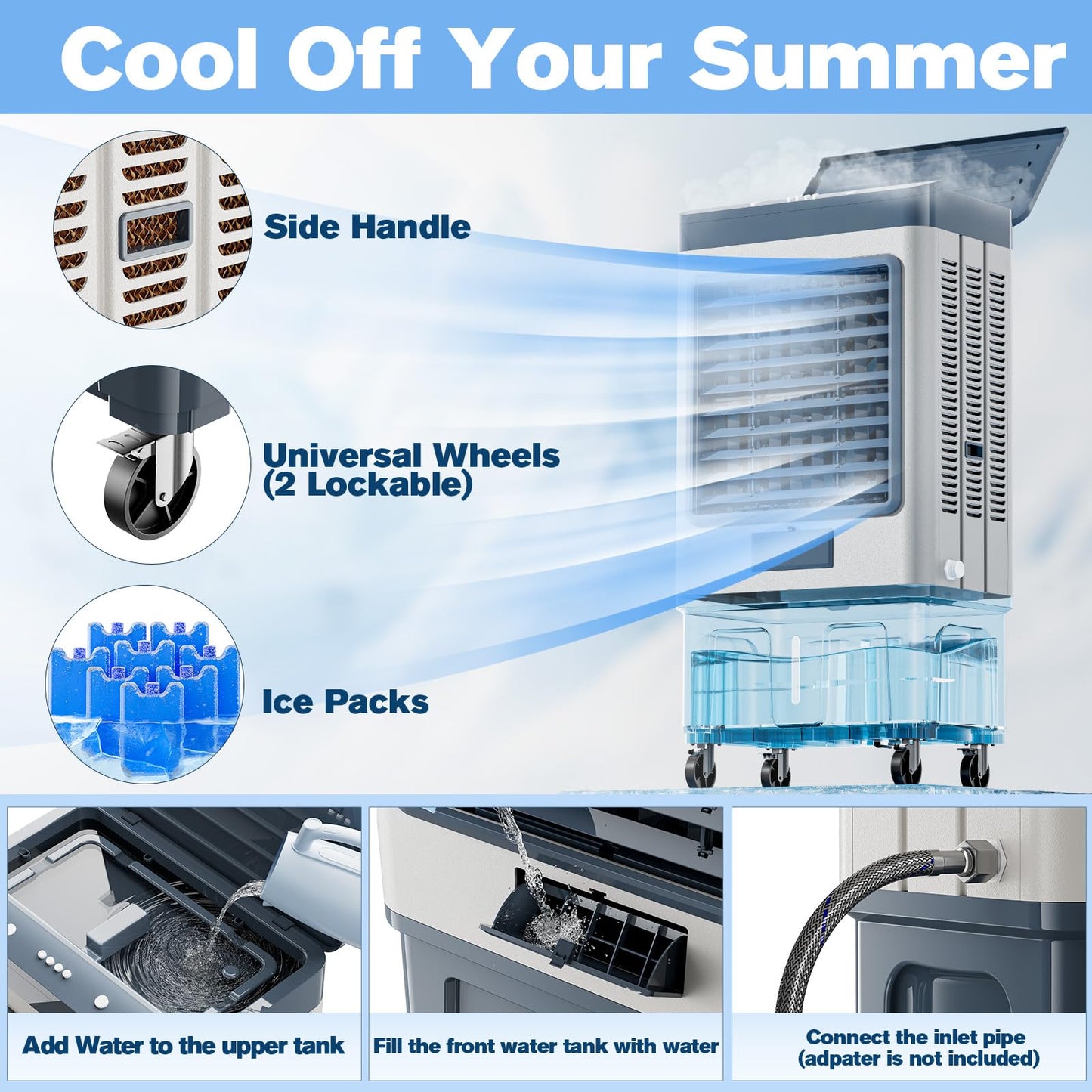 Auertech 48" 6500CFM Swamp Cooler Outdoor, 19 Gal Large Swamp Cooler Air Conditioner with 120°Oscillation, 3 Speed, 8 Ice Pack, Metal Frame Portable Evaporative Air Cooler for Garage, Warehouse