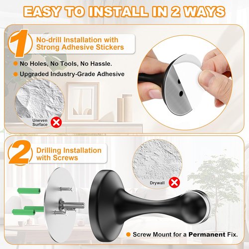 Crosize Magnetic Door Stoppers - Stainless Steel Wall-Mounted & Floor-Mount Metal Holders | 2 Pack, Black