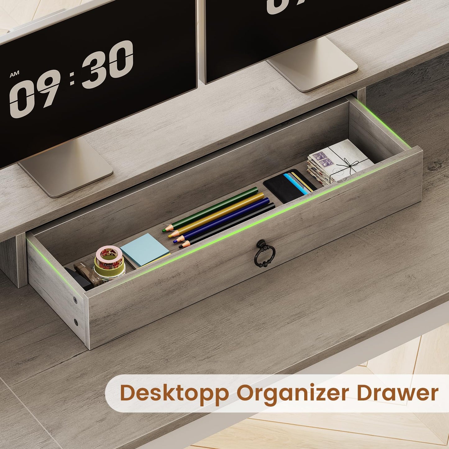 SEDETA 63" L Shaped Desk with Drawers, Farmhouse Corner Computer Desk, Wood Office Desk with File Drawers with Storage, Executive Desk with Monitor Stand and Storage Cabinet, Grey