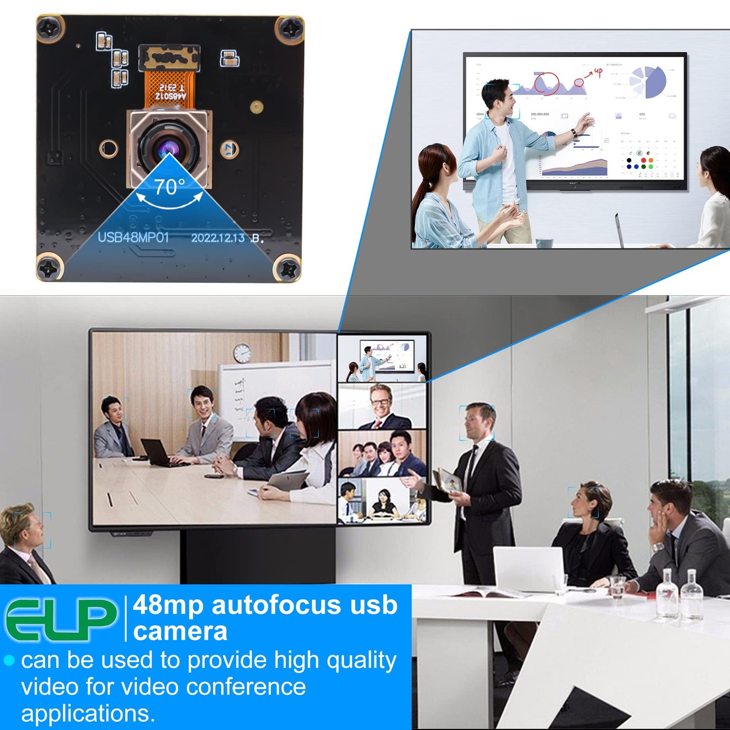 ELP 48MP Fast Autofocus USB Camera Module with 70degree No Distortion Lens for Computer Mini UVC USB2.0 Industrial Webcam Board 8000 * 6000 USB with Camera for Laptop PC Raspberry pi Jetson Nano