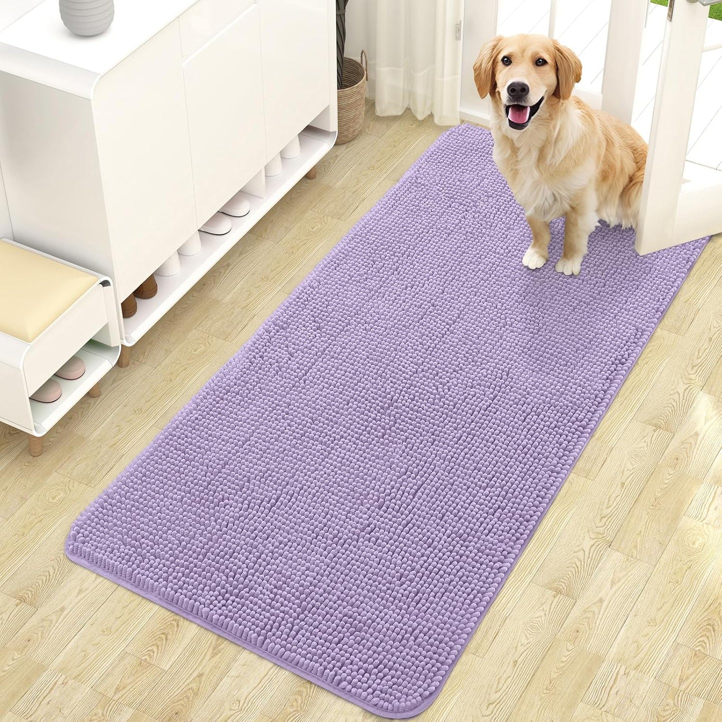 OLANLY Dog Door Mat - Absorbent Non-Slip Washable Chenille Mat for Muddy Paws | 47x24, Lavender