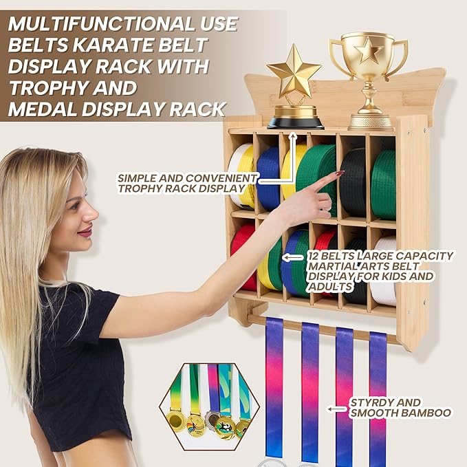 GENMOUS Karate 12 Belts Display Rack for Kids and Adults, Any Trophy and Medal Organizer, Wall Mounted Taekwondo or Martial Arts Belts Storage, Ideal Achievement Showcase for Home Dojo Decoration