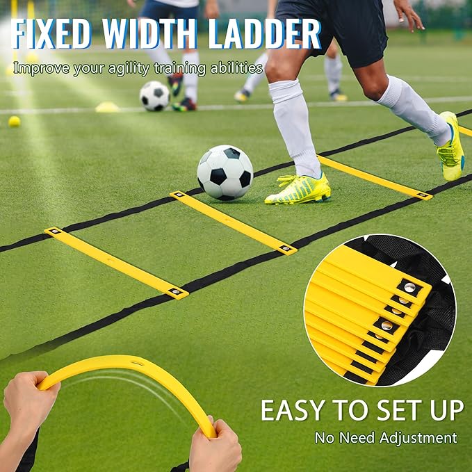 Fixed Rung Agility Ladder - 20ft 12 Rungs No Tangle Speed and Agility Training Equipment for Soccer Footwork Training with Carrying Bag/Ground Stakes for Adults Youth Kids
