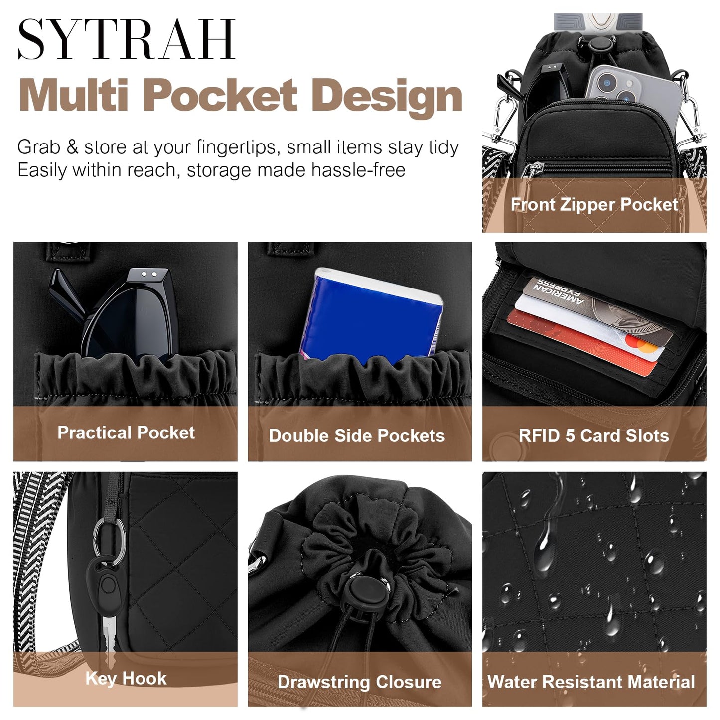 SYTRAH Water Bottle Carrier Bag with Strap, Water Bottle Purse with Phone Pocket 40oz, Insulated Crossbody Bags for Walking Hiking Black