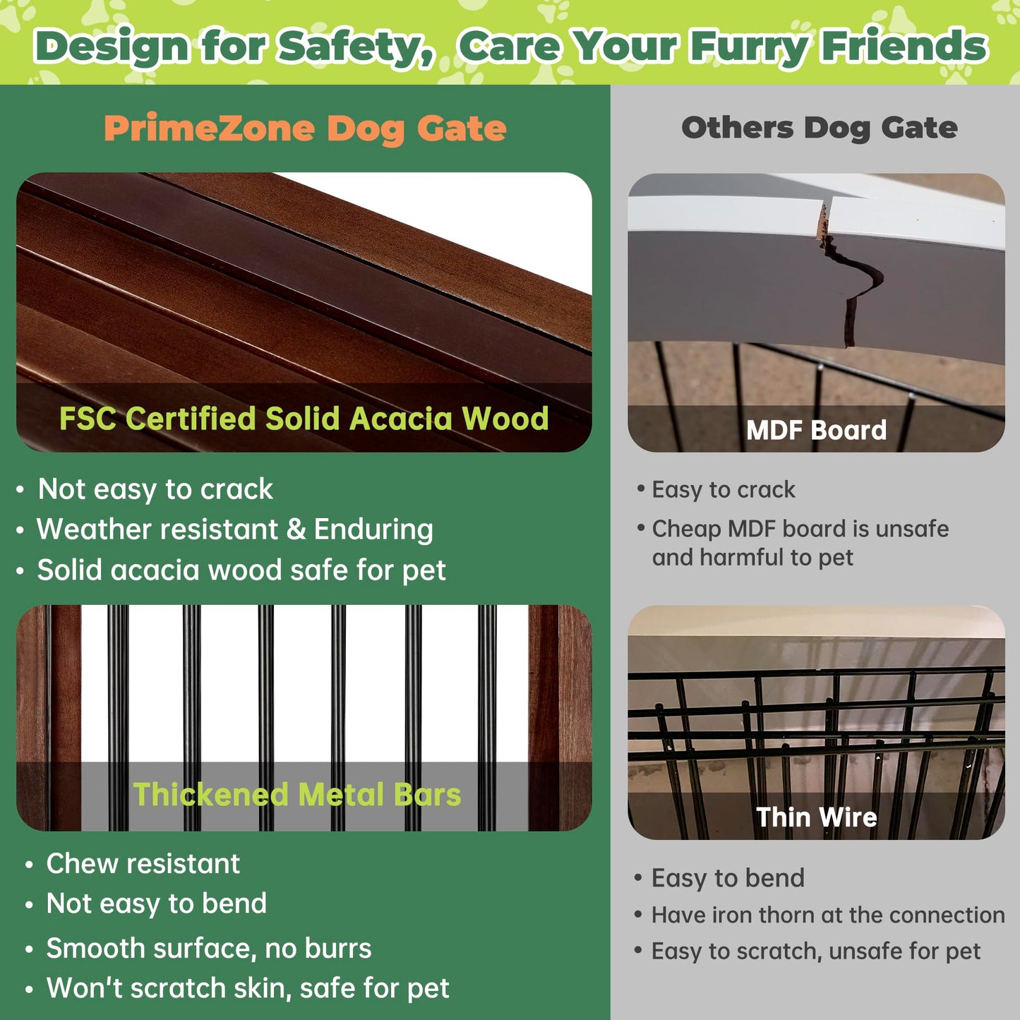 PrimeZone 144" Extra Wide Dog Gate - 36" Tall 6-Panel Solid Acacia Wooden Freestanding Puppy Gates with Door, Foldable Indoor Pet Fence for Doorways, Stairs, Support Feet Included, Brown