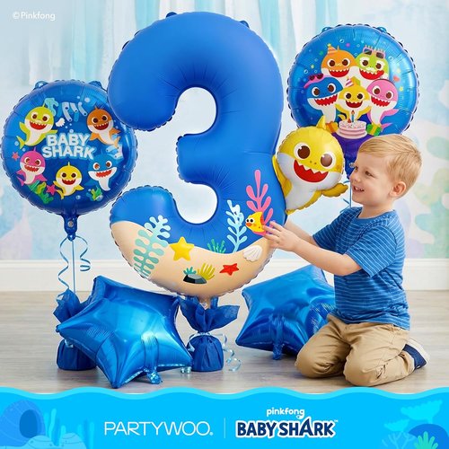 Baby Shark | PartyWoo Blue Foil Number 3 Balloon - 18 Inch Mylar Helium Birthday Decor for Kids
