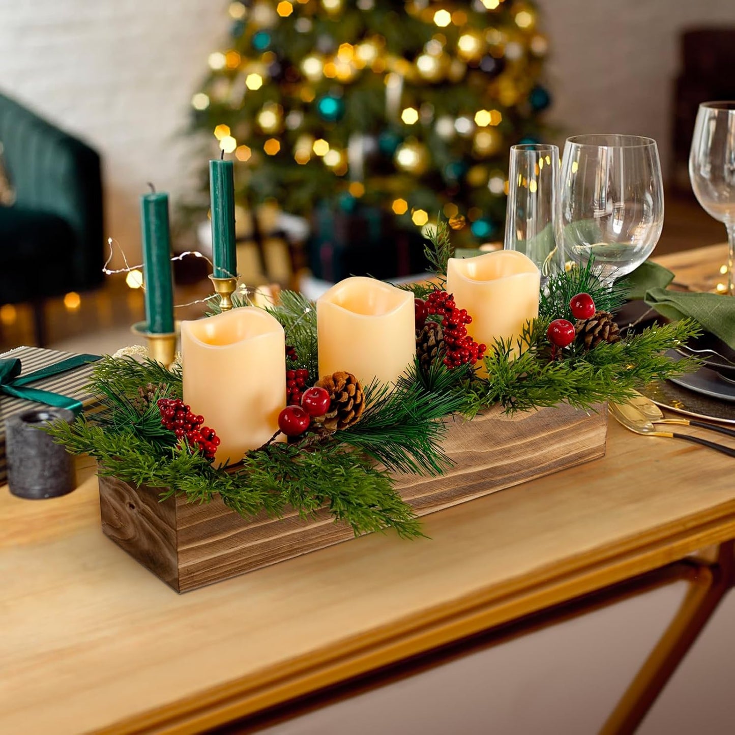 Skiennix Christmas Candle Holder Centerpiece - 3 Flameless Candles with Pine Cones & Red Berries