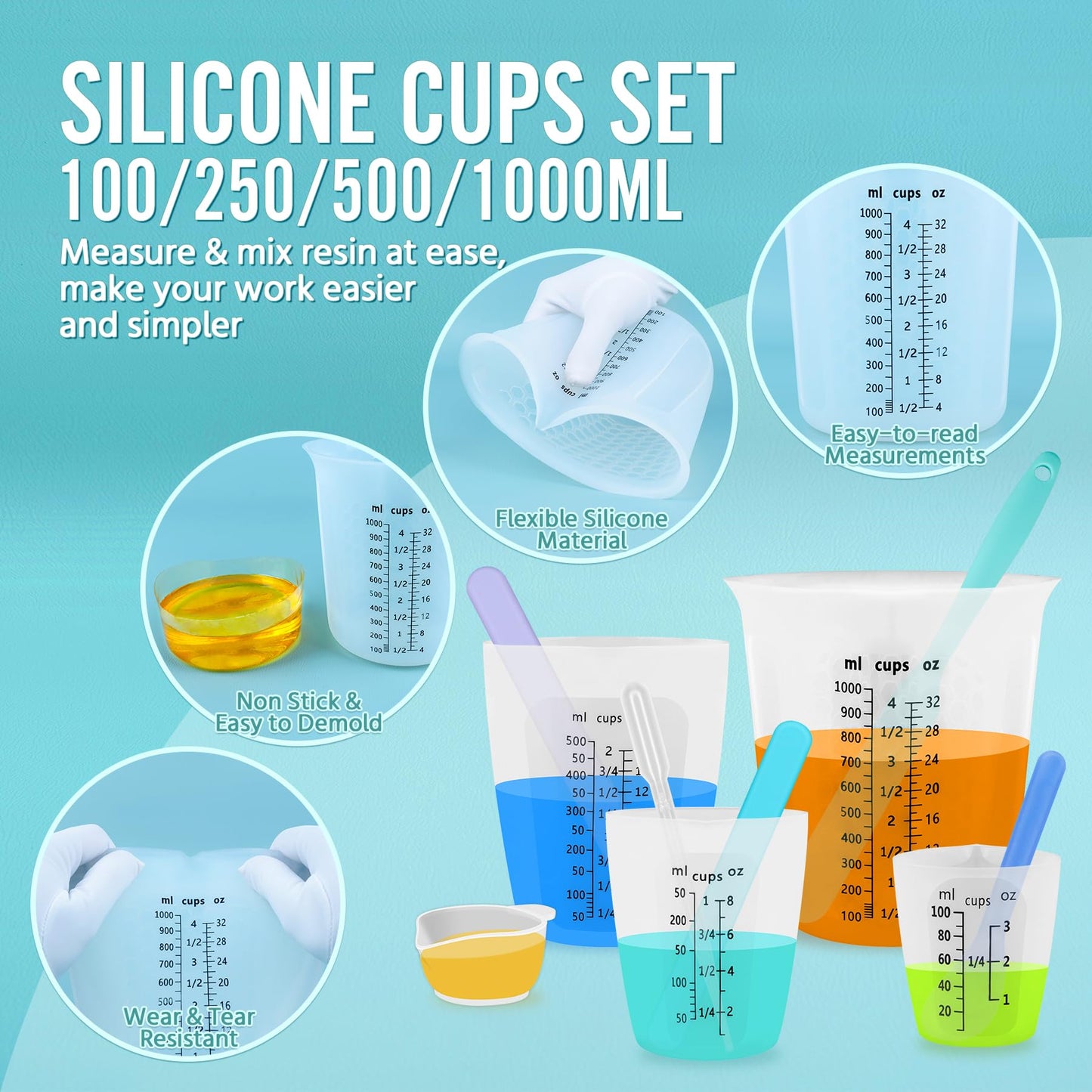 SWIGRANCE Silicone Resin Mixing 1L Measuring Cup Set for Resin Supplies, Easy-to-Read Marks, 1000ml/32oz Large Cup, 500&250&100ml Thickened Reusable Silicone Cups for Epoxy Mixing, Jewelry Making