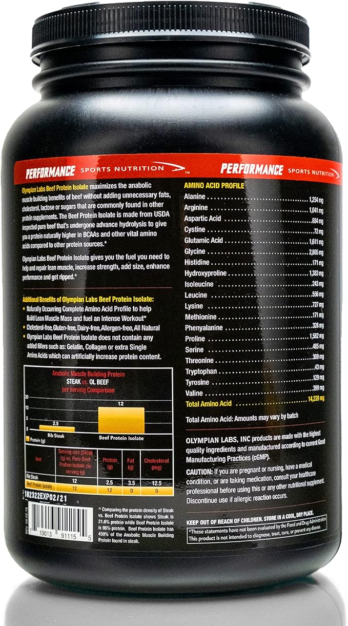 Olympian Labs Beef Protein Isolate Powder, 24g Protein, BST Free, 2 Grams BCAA's, Muscle Building Amino Acids, 32 Ounces, Flavored with Real Chocolate