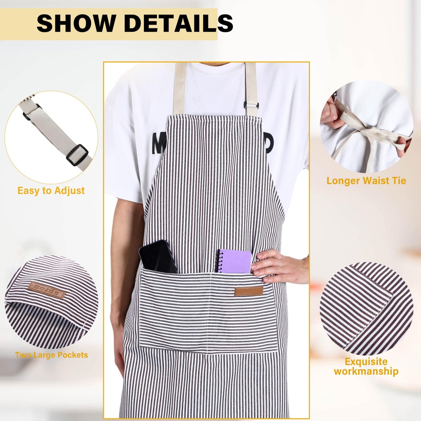 Handepo 4 Pcs Kitchen Aprons with Pockets Adjustable Waterproof Cotton Aprons Striped Apron for Women Men Chef Gift for Dad(Narrow Stripes,Gray)