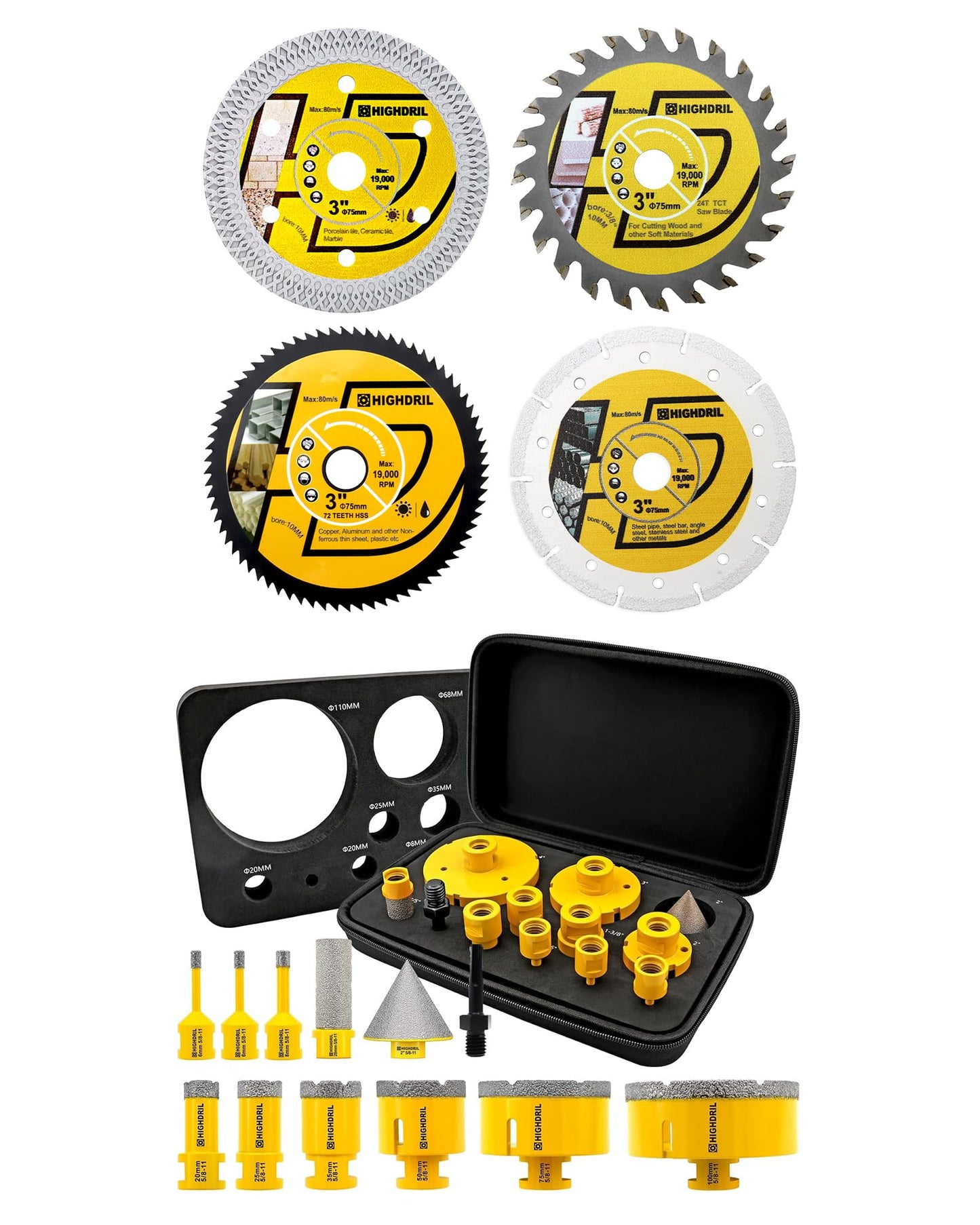 HIGHDRIL 3" 75mm Circular Saw Blade Set 4pcs and HIGHDRIL Diamond Hole Saw Kit