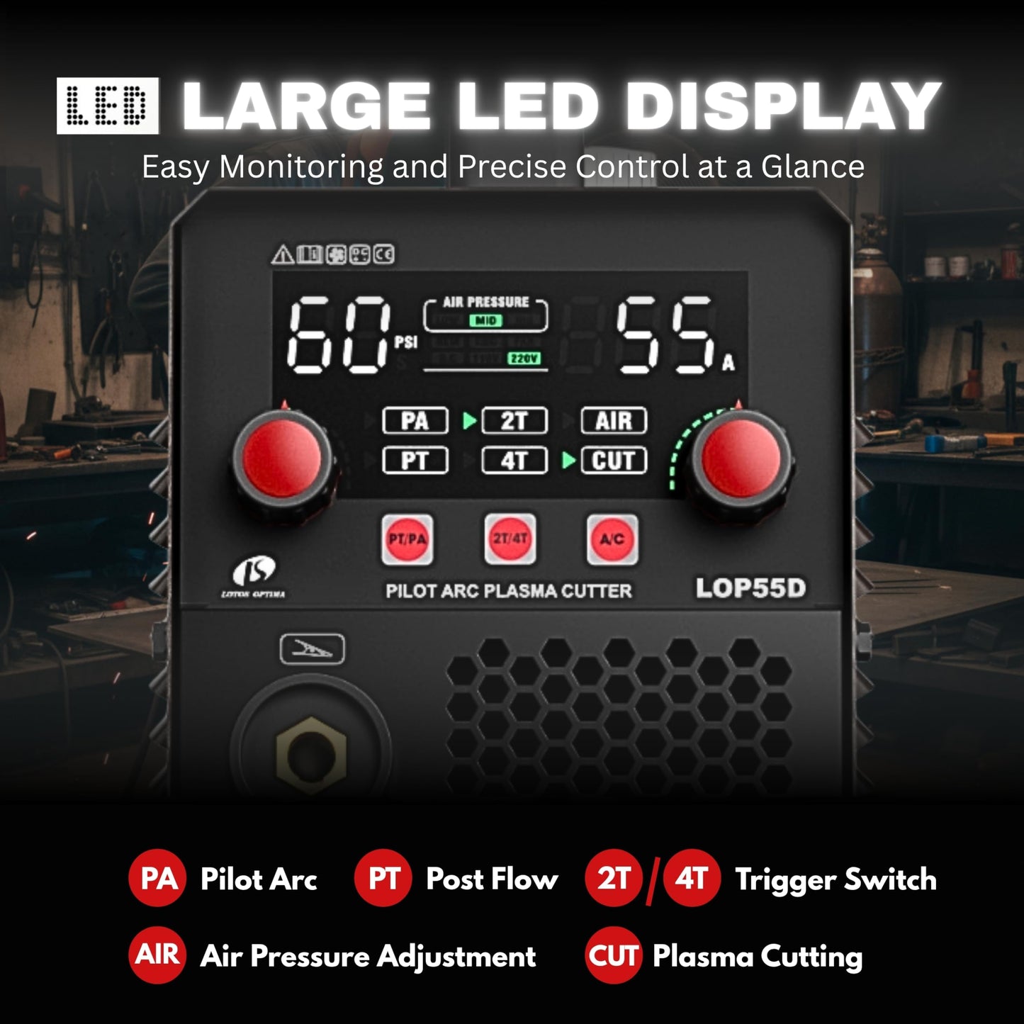 LOTOS LOP55D 55A Plasma Cutter, 1/2" Clean Cut (3/4" Sever), Non-Touch Pilot Arc, Dual-Voltage 110/220V, LED Panel, Portable Air Plasma Cutting Machine for DIY, Auto, Farm, HVAC