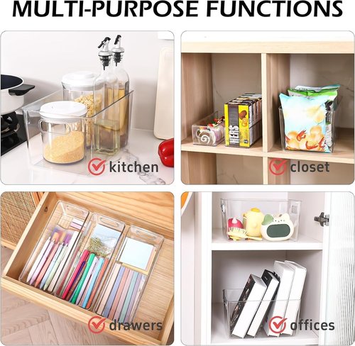 Clear Plastic Storage Bins 8 Pack - Versatile Pantry Organizers for Kitchen, Bathroom & Home