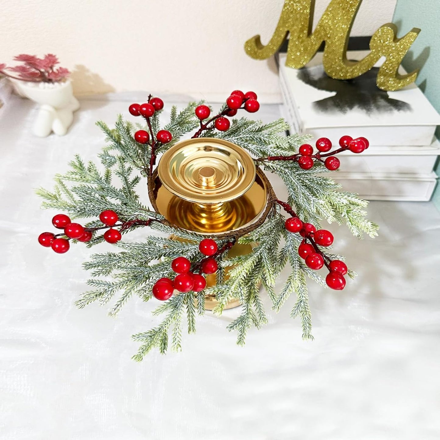 Skiennix 2-Piece Christmas Wreath Candle Rings - Artificial Cedar & Cypress with Red Berries for Holiday Table Decor