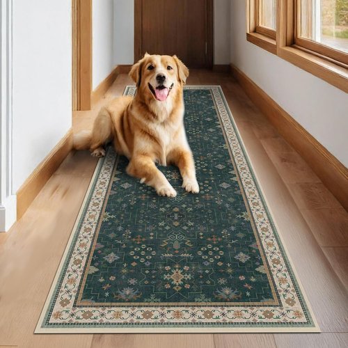 Hazo Haus Dark Green Kitchen Runner Rug - Modern Vintage Boho Floral Pattern | Washable Non-Slip 2x8 ft