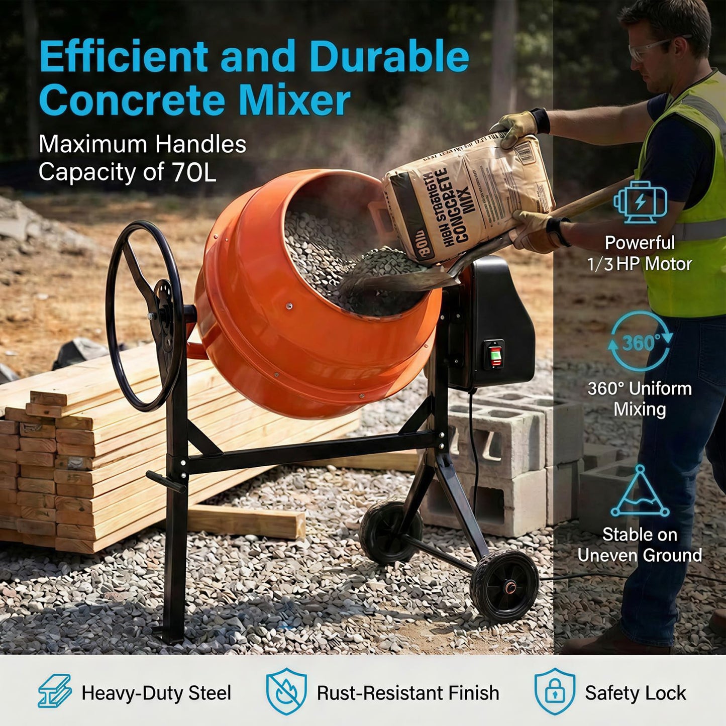 TABU 3 Cu.Ft. Electric Cement Mixer, Portable Concrete Mixer, Mortar Mixing for Seeds/Stucco, Freestanding Cement Mixing Tools with Wheels for Stucco