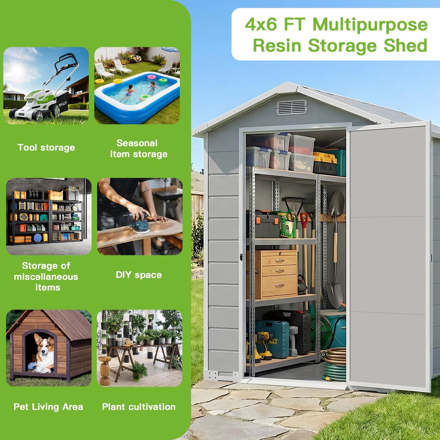4x6 FT Outdoor Storage Shed with Floor & Window, All-Weather Resin Garden Tool Shed, Waterproof Plastic Garden Shed with Lockable Door, Vents & Roof Rainwater Drainage for Backyard, Garden, Poolside
