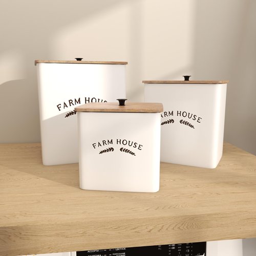 Deco 79 Metal Decorative Canisters Farm House Containers with Wood Lids and Black Accents, Set of 3 Keepsake Boxes 11", 9", 7"H, White