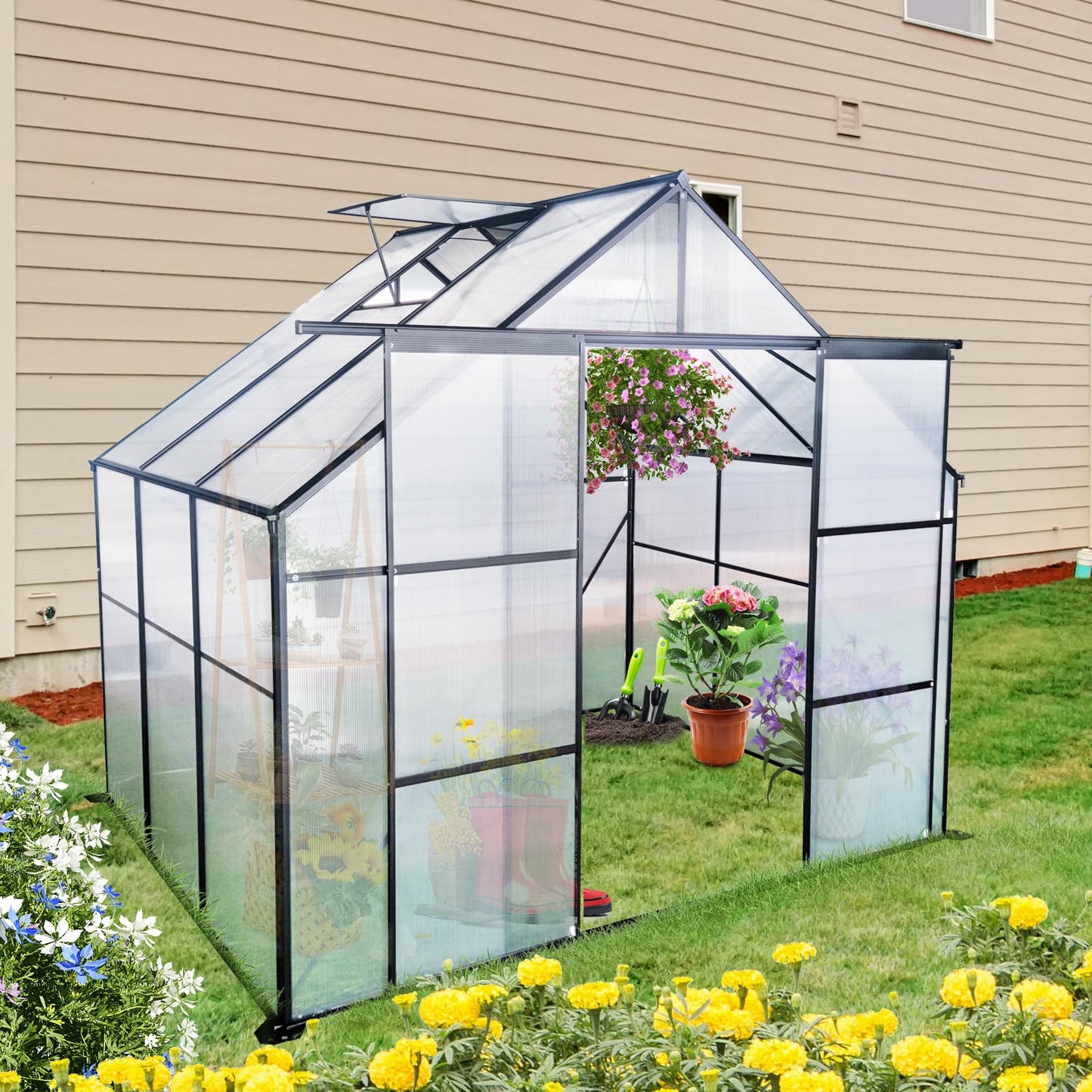 Ball & Cast 8X6 FT Greenhouse for Outdoors,Double Sliding Door Polycarbonate Raised Plant Base with Drainage System & Galvanized Frame,Backyard Anchor Aluminum Heavy Duty Walk-in Green Houses,Black