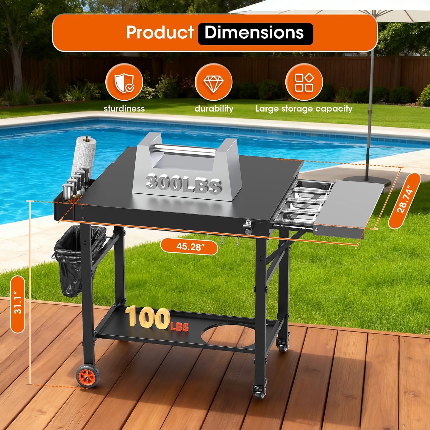 Pizza Oven Table for Ooni Pizza Ovens, Grill Cart Table with Topping Station, Pizzas Stands with Wheels, Expansive Countertop Pizzas Oven Accessories for Party Fits Blackstone Ninja Cuisinart Gozney