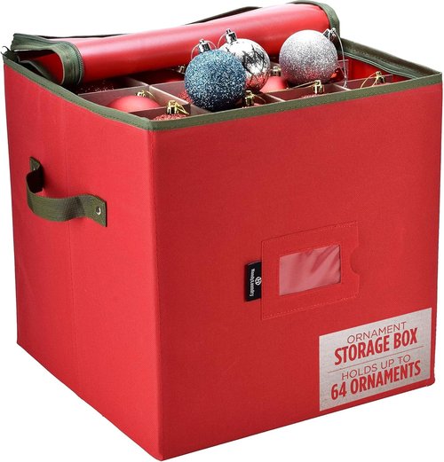 Handy Laundry Christmas Ornament Storage - Holds Up to 64 Ornaments | Adjustable Dividers & Zippered Top (Red)