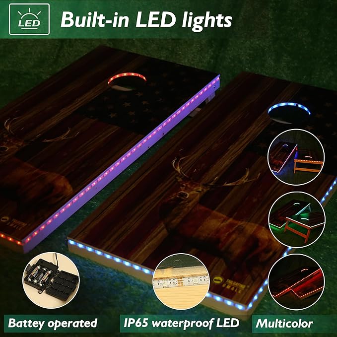 LED Cornhole Board Set 4FTx2FT Solid Wood Regulation Size Cornhole Set with LED Lights Includes 8 Cornhole Bags for Adults (USA Flag & Deer, 4'x2')