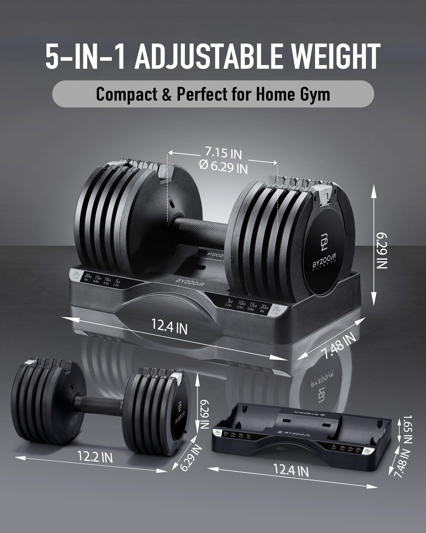 BYZOOM FITNESS Adjustable Dumbbell Set 25lb Single Unit(Buy 2 for a Pair) – 5-in-1 Compact Free Weights for Home Gym, Patented Easy-Adjust Design, Sleek Aesthetic for Strength Training & Workouts, Black