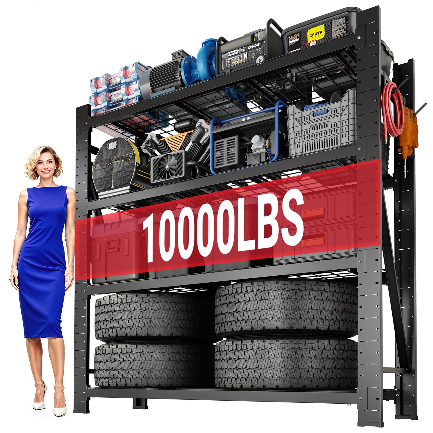 FLEXIMOUNTS Garage Shelving Heavy Duty, 49.6" W 4-Tier 10000LBS Industrial Shelving Unit with 4 Hooks, Adjustable Storage Shelves for Garage, Basement, Warehouse, 71" H x 49.6" W x 23.6" D