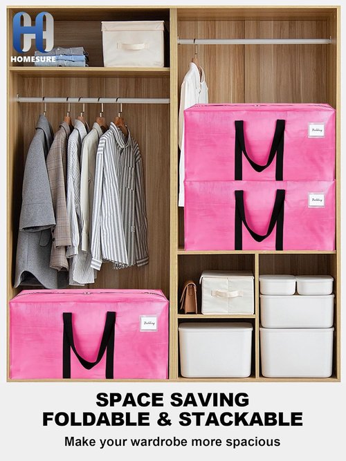 4 Pack Large Moving Bags by [Brand Name] - Heavy Duty Water-Resistant Storage Totes | Space-Saving Design (Pink)