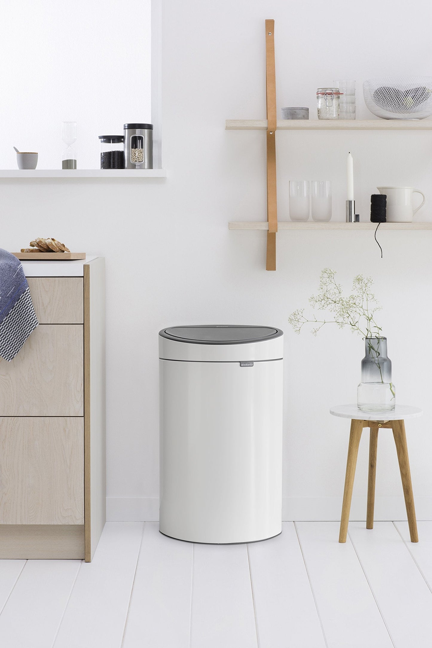 Brabantia Press-Top Kitchen Trash Can with Flat Back | White | 10.6 Gallon / 40L | Home Trash Can with Soft-Touch Stay-Open Lid & Removable Inner Bucket | Fits Flat Against Walls | + Trash Bags