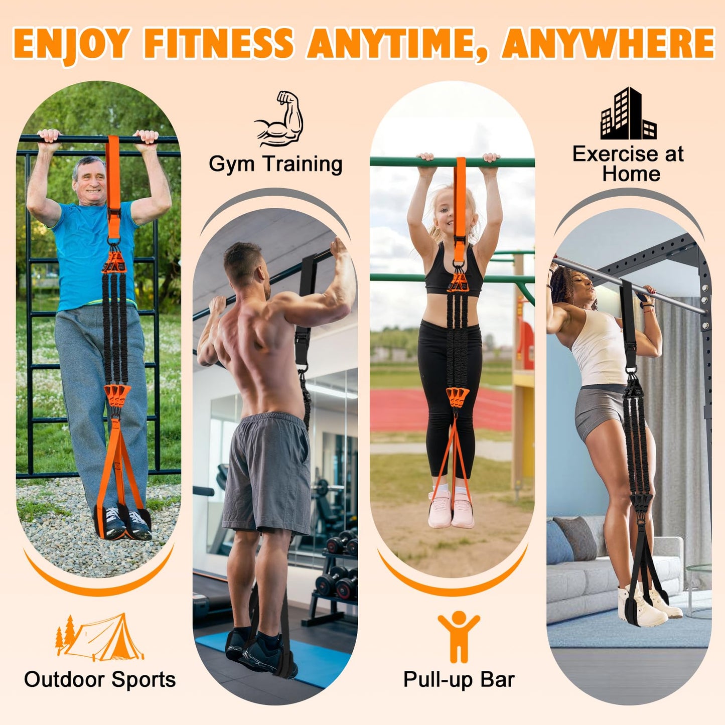 Pull Up Assistance Bands Set,3 Heavy Duty Pull-Up Bar Resistance Bands,Adjustable Weight/Height,Training Equipment with Handle and Foot Rest Unisex for Home & Gym/Muscle/Strength Training（Orange）
