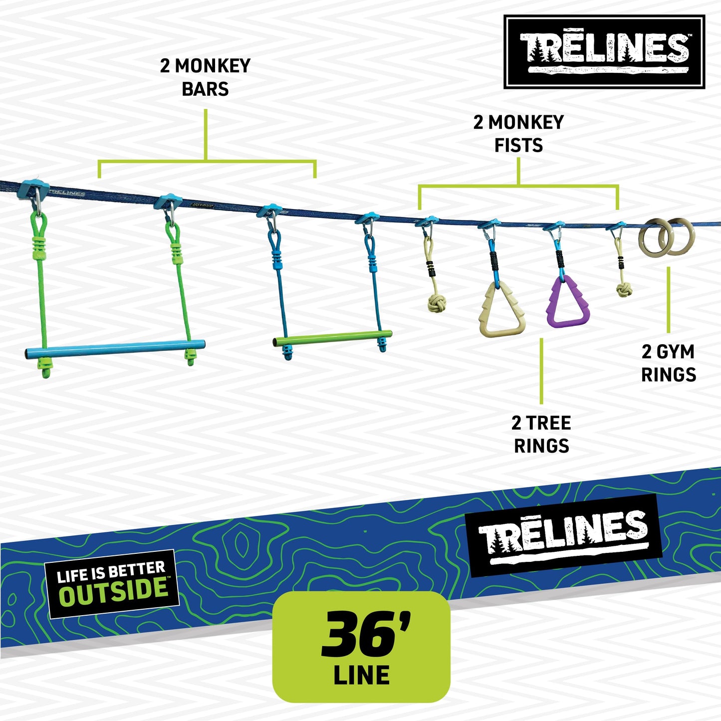 Trelines 36ft. Ninja Adventure Kit, Slackline Obstacle Course and Outdoor Playground Set - 8 Ninja Warrior Accessories - Monkey Bars for Backyard, Kids Outdoor Play Jungle Gym - Ages 5+ Holds 250lbs