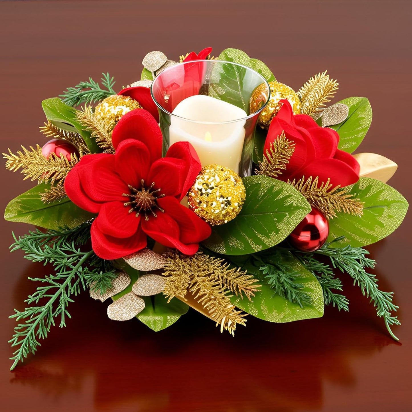 Skiennix 18" Centerpiece - Flameless LED Candle Holder with Red Magnolia & Gold Baubles for Holiday Decor