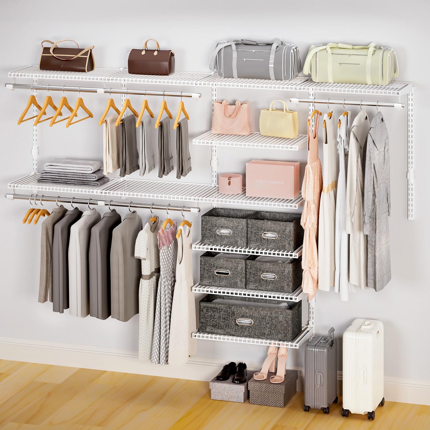 Vilaxing Wire Closet Organizer System, Wall Mounted 8.7 Ft. Custom Closet Kit for Bedrooms Laundry Mudroom Garage Basement, Adjustable Storage Shelves for Clothes Shoes Handbags