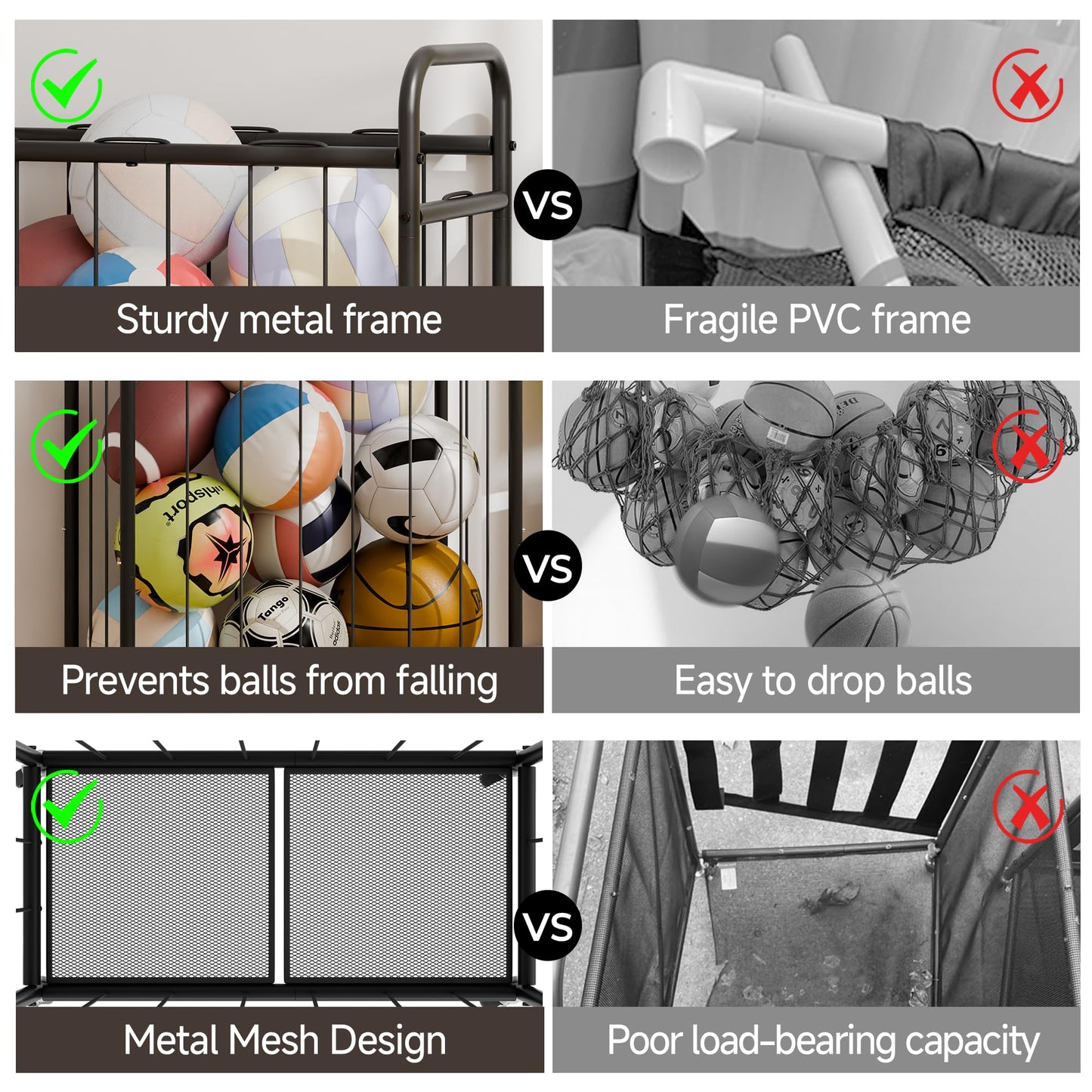 StorageWorks Ball Storage with Wheels, Garage Sports Equipment Organizer with Hooks, Balls Organizer for Basketball, Football, Volleyball