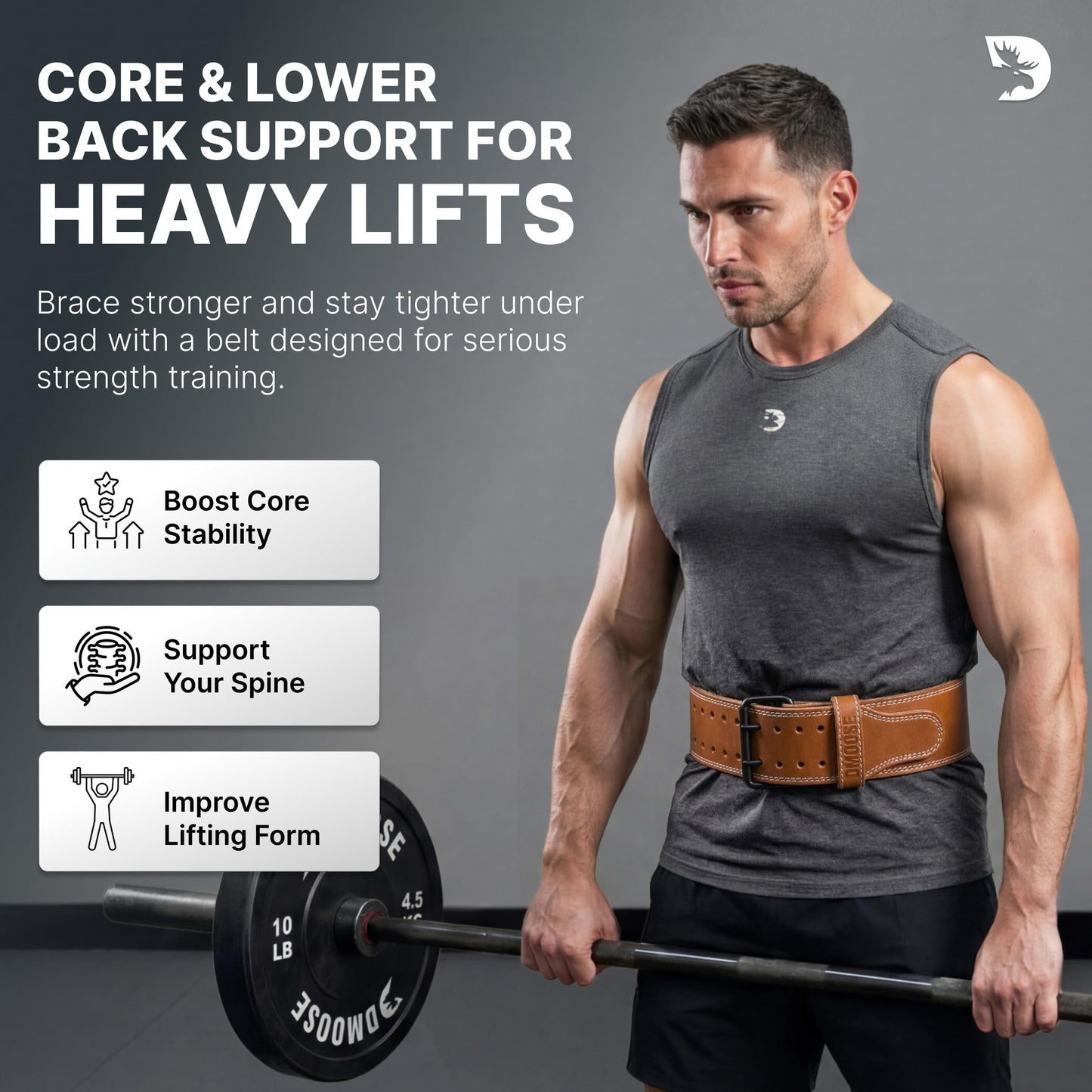 DMoose Deadlift Belt Genuine Leather for Men and Women, 4 Inch Wide, Adjustable Buckle, 5MM Thick for Weightlifting, Workout, Gym, Squat, Deadlift, Great Lower Back Support (Brown L)