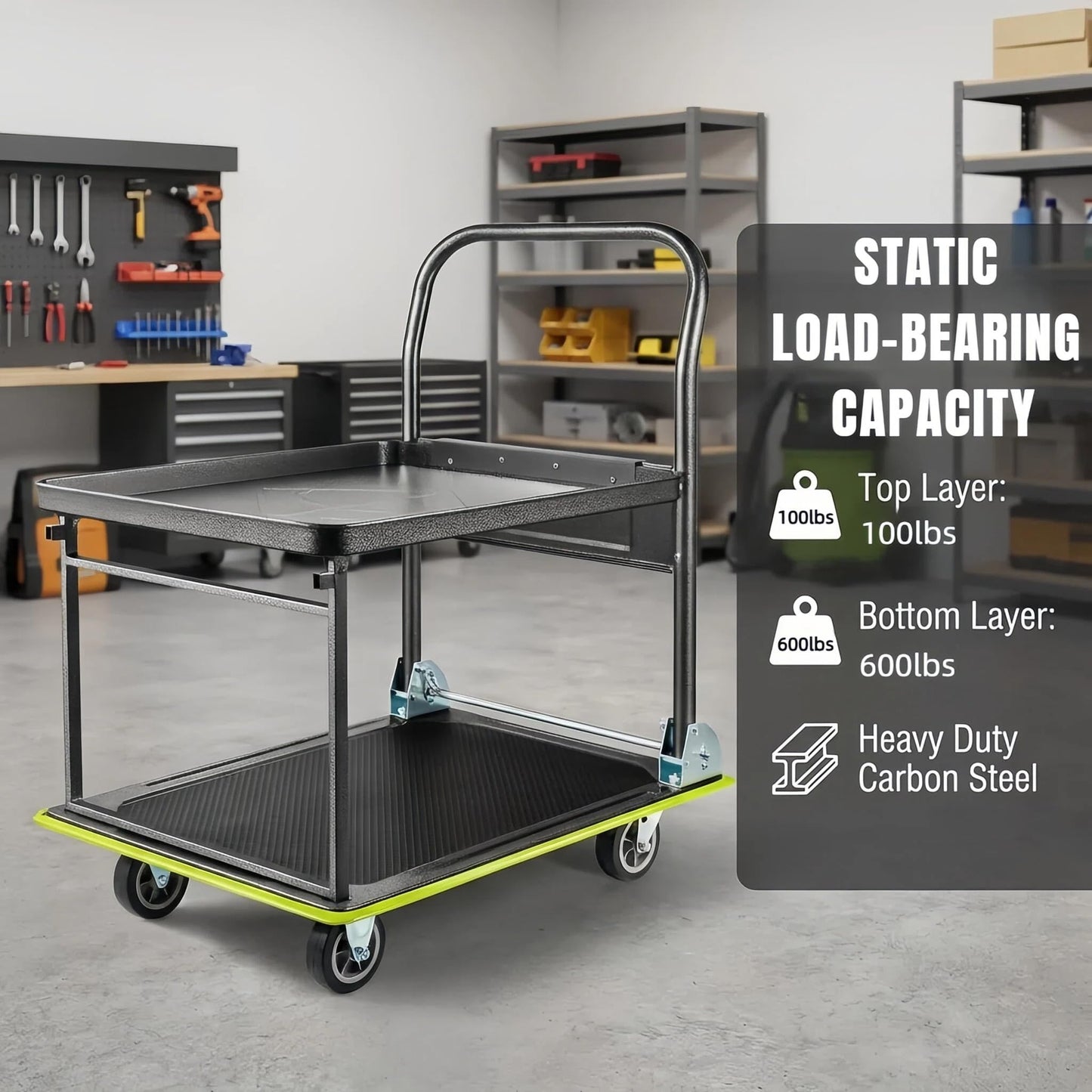 Amarite 2 Tier Platform Truck 700lbs Heavy Duty Push Cart Dolly with 360° Swivel Wheels, Foldable Rolling Flatbed Cart with Detachable Top Shelf for Warehouse and Office, Steel, 28.8" L x 18.5" W