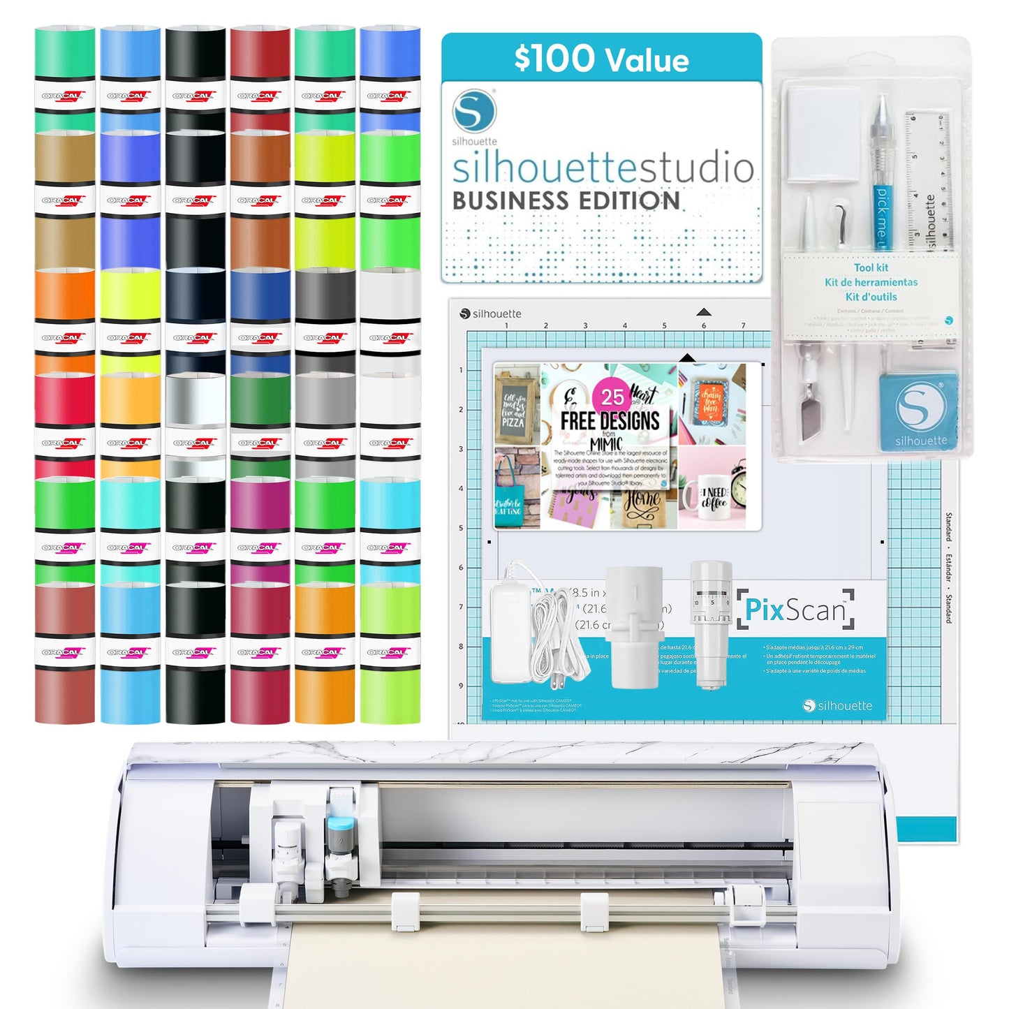 Silhouette America Cameo 5 Alpha (α) Smart Cutting Machine, Bianco Carrara (Deluxe Bundle) - Includes Studio Software, 36 Vinyl Rolls, PixScan Mat, Tool Kit & 25 Free Designs for DIY