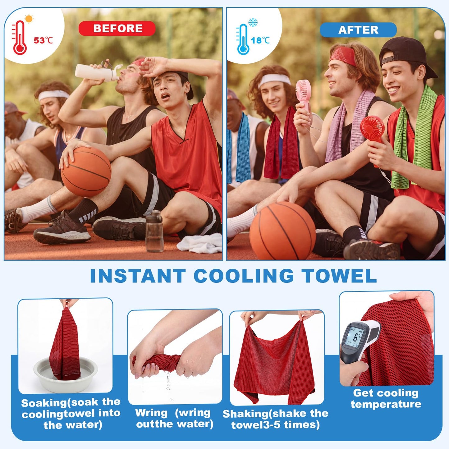 Retisee 24 Pcs Cooling Towel Mini Portable Fan Set 32 x 12 Inch Ice Towel Chilly Handheld Battery Powered Fan Cooling Sport Gifts for Travel Makeup Yoga Camping Running Summer(Fresh,Multicolor)