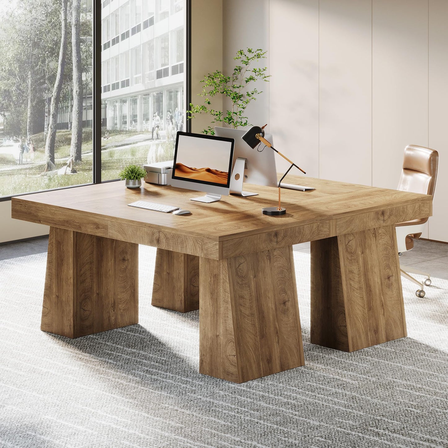 Tribesigns 55-Inch Executive Desk, Thick Wood Office Computer Desk with Double Pedestal, Modern Minimalist Workstations Writing Table Conference Table Furniture for Home Office, Brown